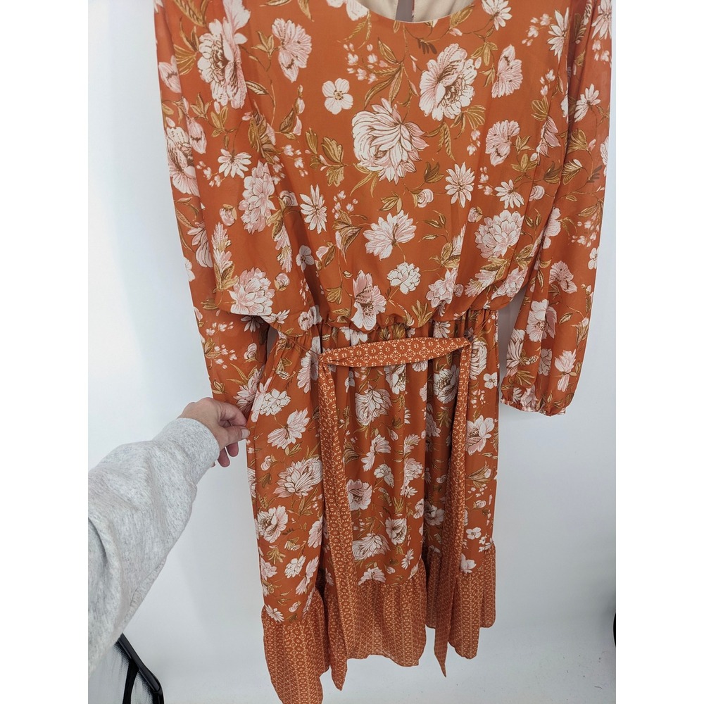 Mila Mae Midi Dress Womens Small Orange Floral Long Sleeve Belted Flowy Boho - Picture 2 of 10
